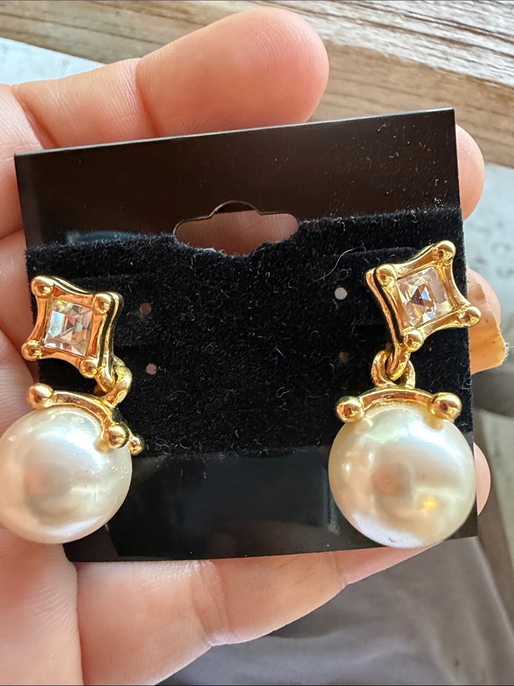 Swarovski Gold Pearl Drop Earrings with Clear Crystal Accent